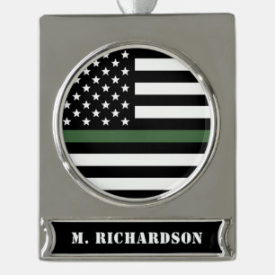 Custom Thin Green Line USA Flag Military Army Hero Silver Plated Banner Ornament
