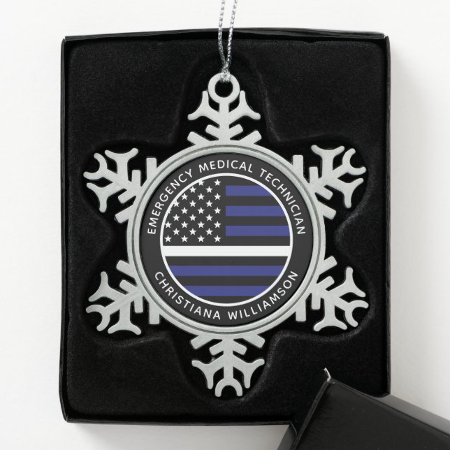 Custom Thin White Line USA Flag EMS EMT  Snowflake Pewter Christmas Ornament (Box)