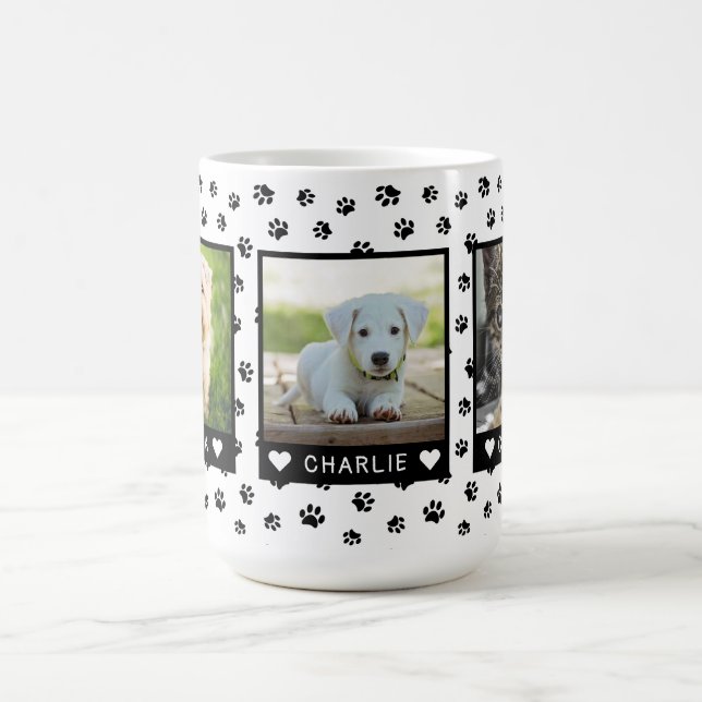 Custom Three Pet Photos Names Black Paw Prints Coffee Mug (Center)
