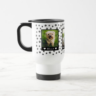 Custom Three Pet Photos Names Black Paw Prints Travel Mug