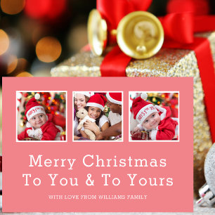 Custom Three Photo Pink Merry Christmas  Holiday Card