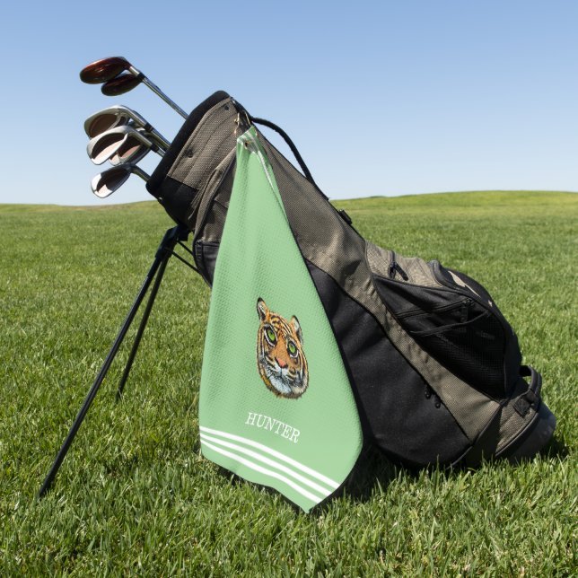 Custom Tiger and Three Stripes on Light Green Golf Towel (Green)