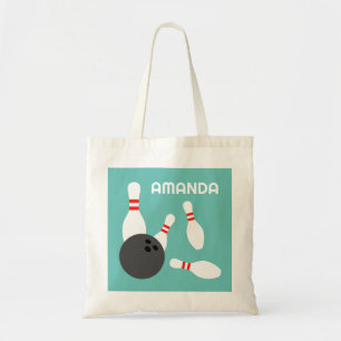 Custom tote bag with bowling ball strike and pins