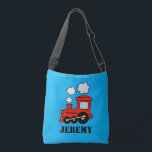 Custom toy train cross body bags for school kids<br><div class="desc">Custom toy train cross body bags for school kids. Red choo choo train locomotive design. Also available as tote bag for school books, groceries, shopping, office work and more. Blue or custom background colour. Fun Birthday party favour gift idea for son, grandson, nephew, boy, girl, daughter etc. Add your own...</div>