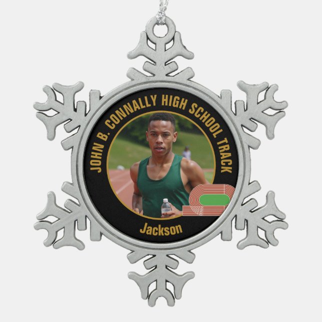 Custom Track & Field Photo High School Runner Snowflake Pewter Christmas Ornament (Front)