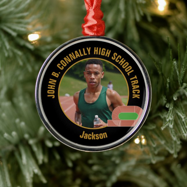 Custom Track Team Photo Runner Christmas Metal Ornament (Tree)