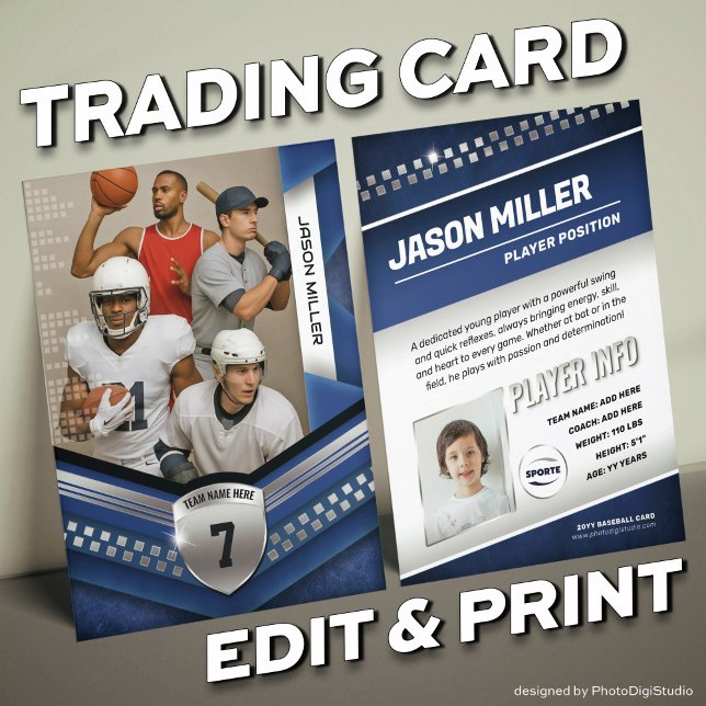 Custom Trading Card, Blue Silver Sport Template Calling Card (Custom Trading Card Template, All Sport Trading Card, Modern Blue Silver Design for All Sports)