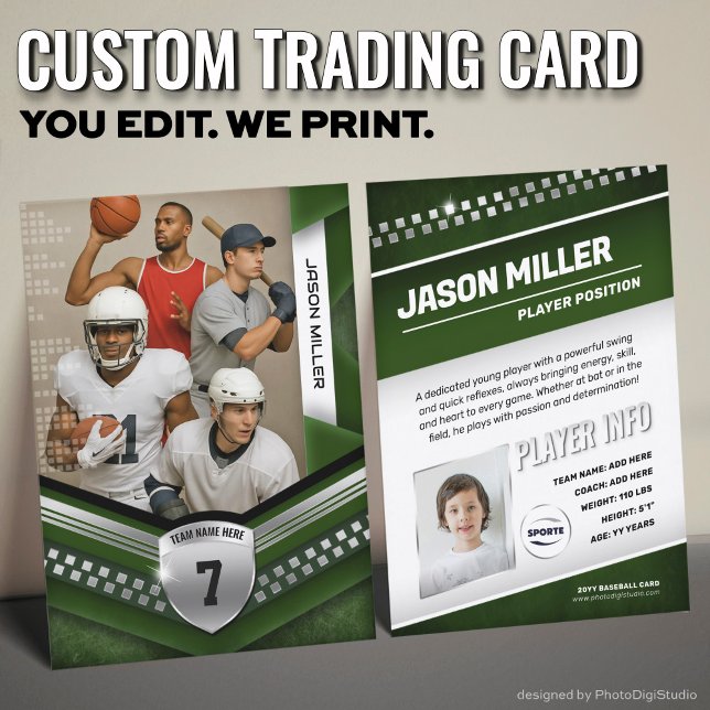 Custom Trading Card, Green Silver Sport Template Calling Card (Custom Trading Card Template, All Sport Trading Card, Modern Green Silver Design for All Sports)