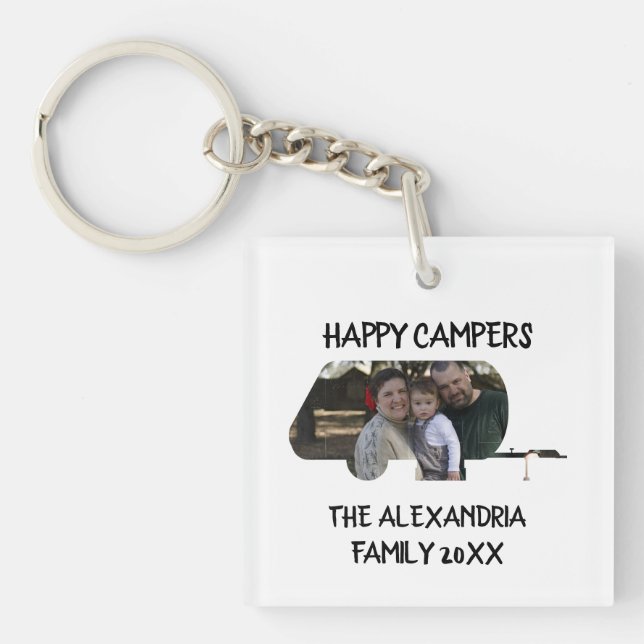 Custom trailer caravan family photo happy campers key ring (Front)