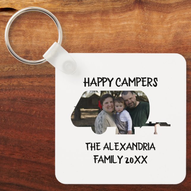 Custom trailer caravan family photo happy campers key ring (Front)