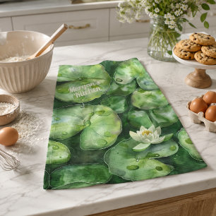 Custom Tranquil Watercolor Pond   Lotus Art Gift Tea Towel