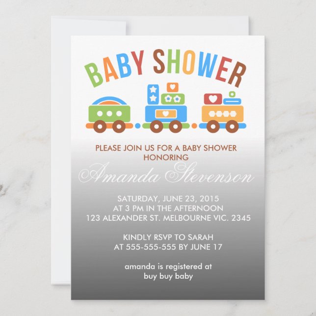 Custom transportation train baby shower invitation (Front)