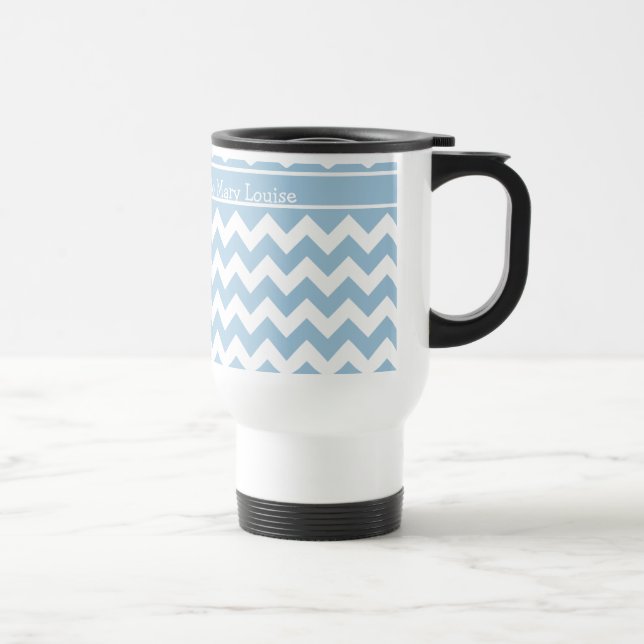 Custom Travel Mug, Blue and White Chevrons Travel Mug (Right)