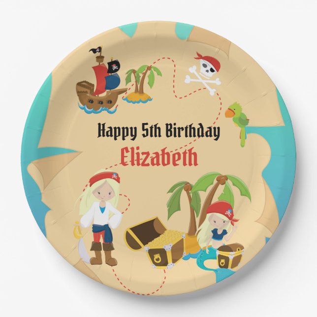 Custom Treasure Map Girl Pirate Birthday Party Paper Plate (Front)