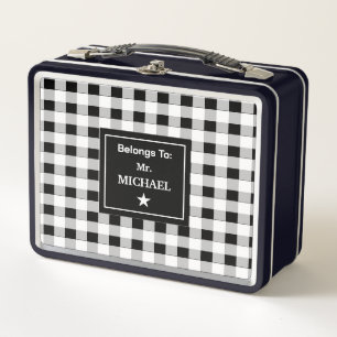  Custom Trendy Cute Black White Checkered Pattern Metal Lunch Box