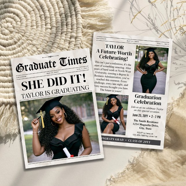 Custom Trendy Graduation Newspaper Photo  Invitation (Custom Trendy Graduation Newspaper Photo Invitation)