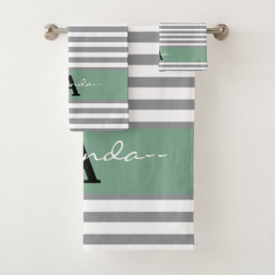 Custom trendy grey and white modern script bath towel set