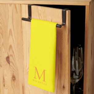 Custom Trendy Monogram Name Elegant Bright Yellow Tea Towel
