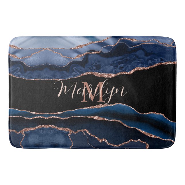 Custom Trendy Navy Blue Agate Rose Gold Glitter Bath Mat (Front)