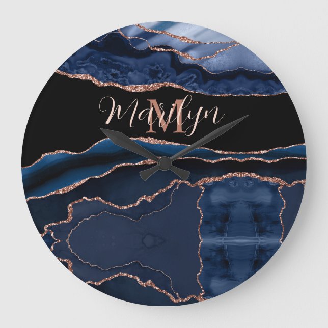 Custom Trendy Navy Blue Agate Rose Gold Glitter Large Clock (Front)