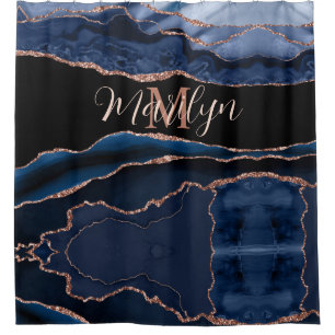 Custom Trendy Navy Blue Agate Rose Gold Glitter Shower Curtain