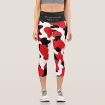 Custom Trendy Red Black Cow Print Capri Leggings<br><div class="desc">Stylish, trendy, bold cow print monogram throw pillow capri leggings in black and red. There is a plain black waistband with an inspirational text - RUN YOUR RACE - based on the Christian Bible verse from Hebrews 12:1. This text is CUSTOMIZABLE so you can create your own or add your...</div>