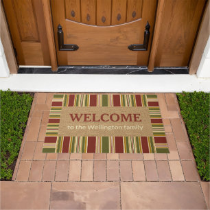 Custom Trendy Red Green Stripes Vintage Welcome Doormat