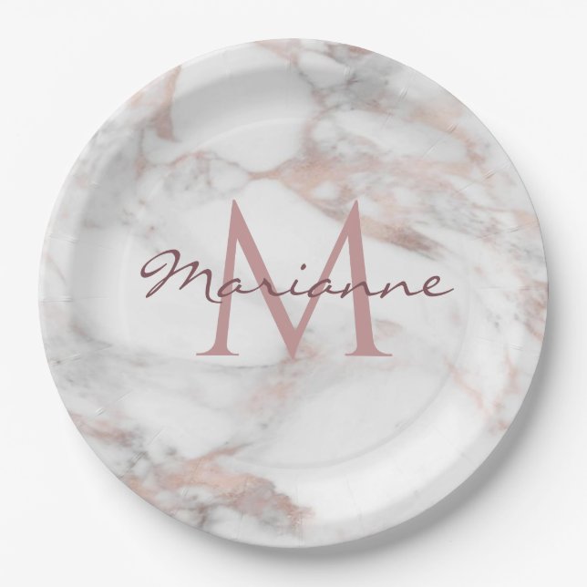 Custom Trendy Rose Gold Marble Monogram Template Paper Plate (Front)
