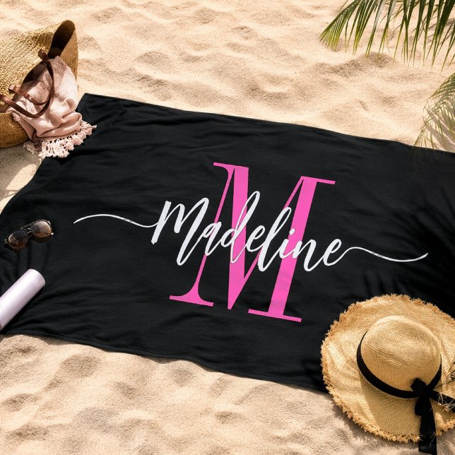 Custom Trendy Stylish Monogram Name Script Pink Beach Towel (Creator Uploaded)
