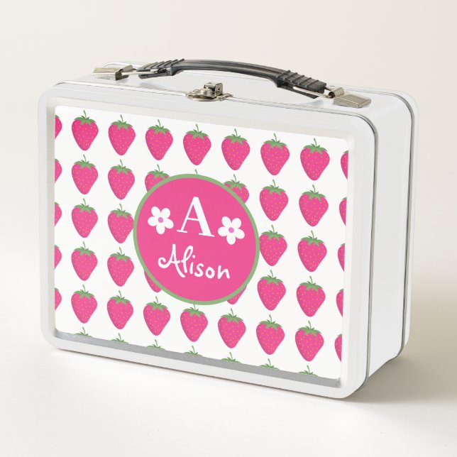 Custom Trendy White Pink Strawberry Pattern Kid's  Metal Lunch Box (Front)