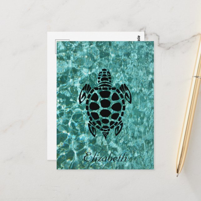 Custom Tribal Sea Turtle Aqua Blue Postcard (Front/Back In Situ)