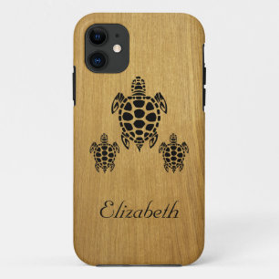 Custom Tribal Sea Turtle Faux Wood iPhone 11 Case