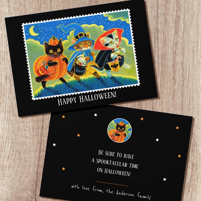 Custom Trick or Treat Halloween Cats Witch Flat Card (Creator Uploaded)
