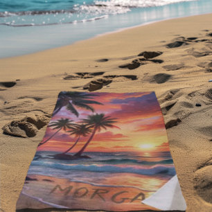 Custom Tropical Beach Sunset   Coastal Art Beach Towel