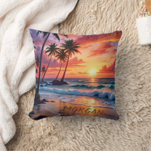 Custom Tropical Beach Sunset   Coastal Art Cushion