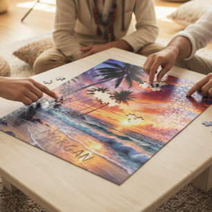 Custom Tropical Beach Sunset   Coastal Art Jigsaw Puzzle