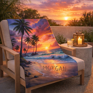 Custom Tropical Beach Sunset   Coastal Art Sherpa Blanket