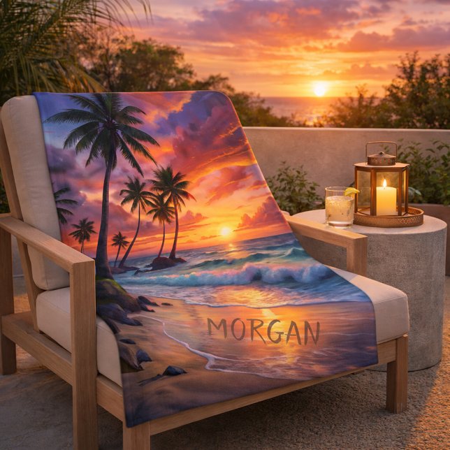 Custom Tropical Beach Sunset | Coastal Art Sherpa Blanket (Creator Uploaded)