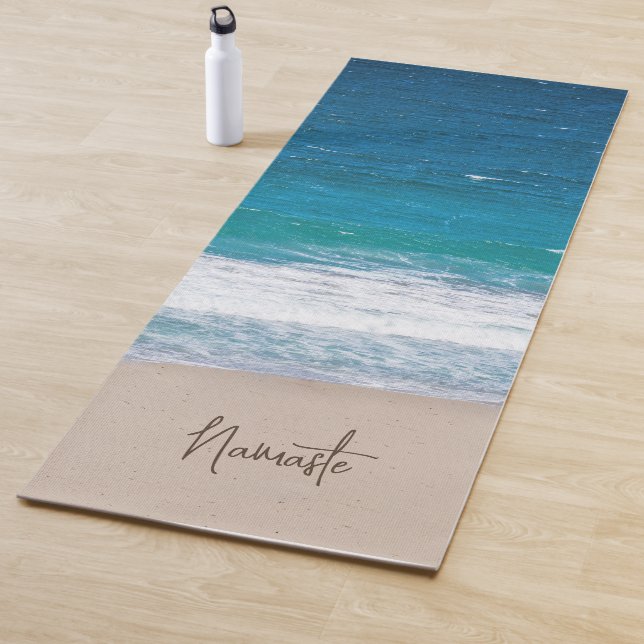 Custom Tropical Blue Ocean Waves Namaste Beach Yoga Mat (In Situ)