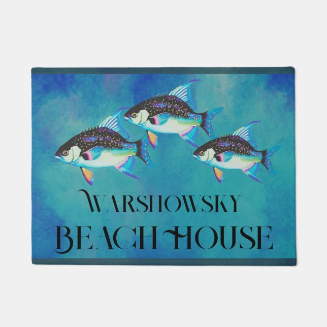 Custom Tropical Fish Watercolor Coastal Aqua Blue Doormat (Front)