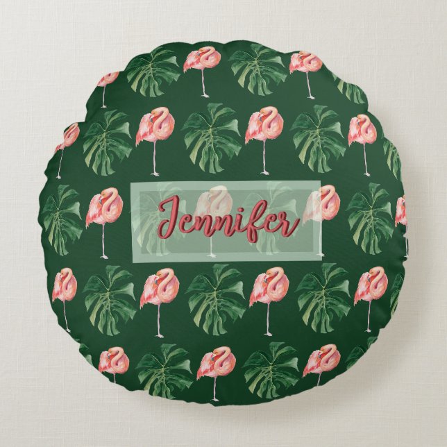  Custom Tropical Flamingo & Monstera Leaf Pillow (Front)