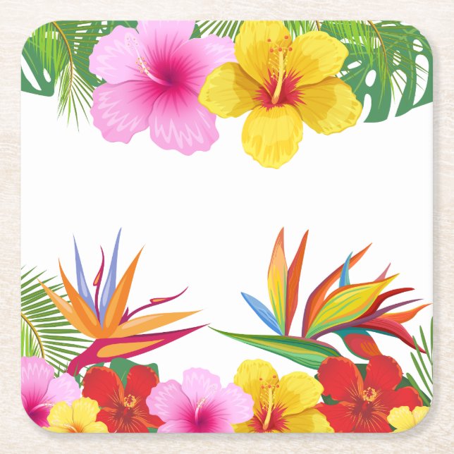 Custom Tropical Flowers Hibiscus Party Square Paper Coaster (Front)