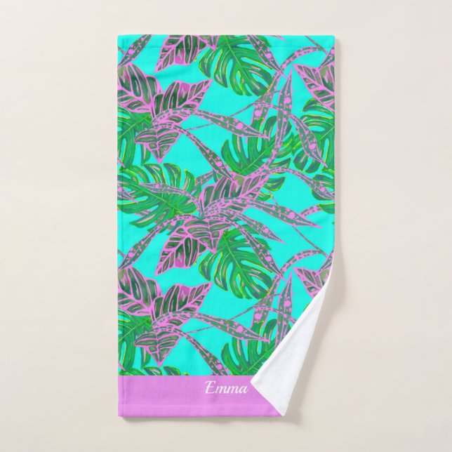 Custom tropical green name modern monstera Towel (Hand Towel)