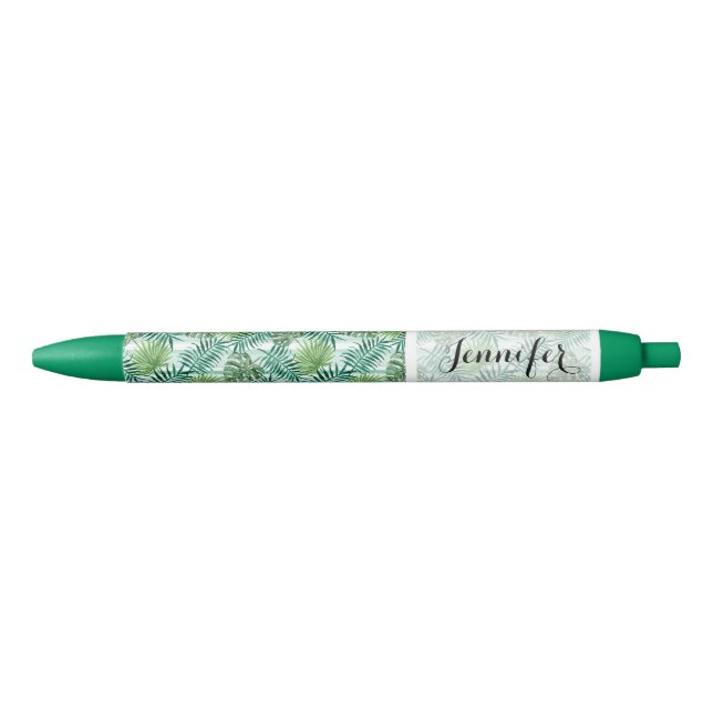 Custom Tropical Hawaiian Green Palm Leafs Pattern Black Ink Pen (Front)
