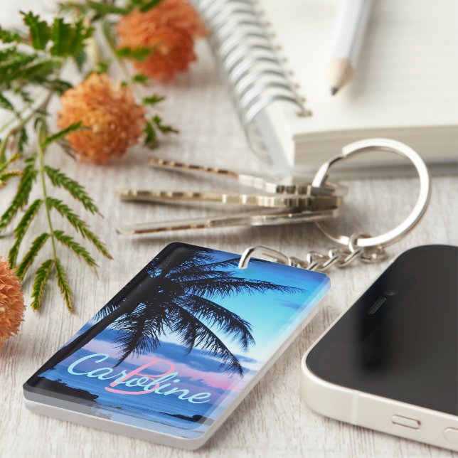 Custom Tropical Island Beach Ocean Sunset Photo Key Ring (Front Right)