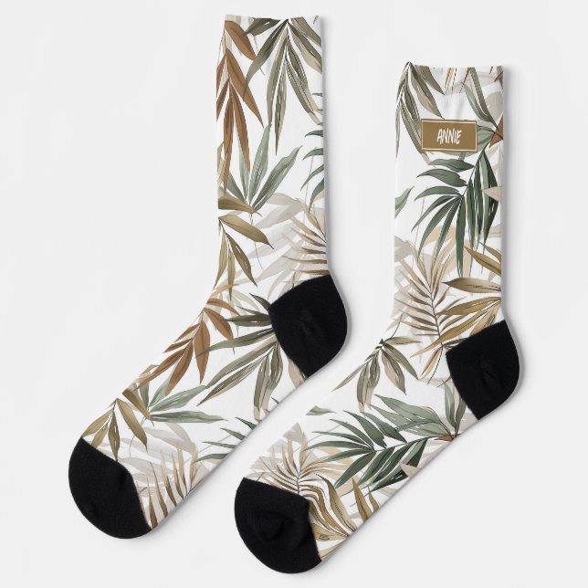 Custom Tropical Leaf Golden Charcoal Name Design  Socks (Left)