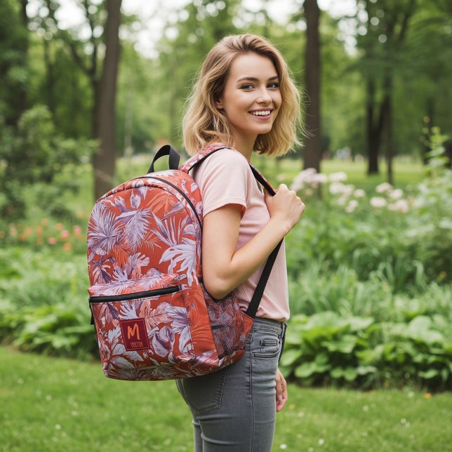 Custom Tropical Leaf Hot Summer Red Modern Design  Printed Backpack (An unisex tropical leaf in a red-tone design printed on a customized backpack.)