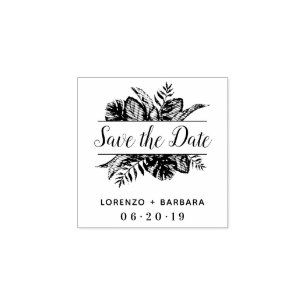 Custom Tropical Leaves Wedding Save The Date Rubber Stamp