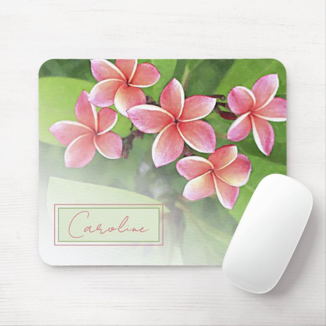 Custom Tropical Plumeria Flowers Watercolor Art Mouse Pad (With Mouse)