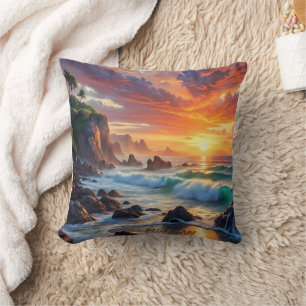 Custom Tropical Sunset Cliffs – Vibrant Coastal  Cushion